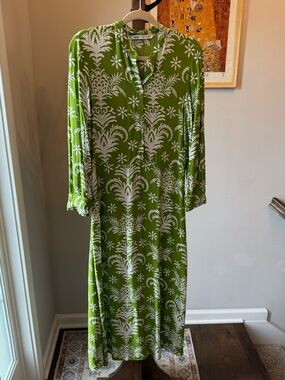 Green Floral Print Long Sleeve Midi Dress